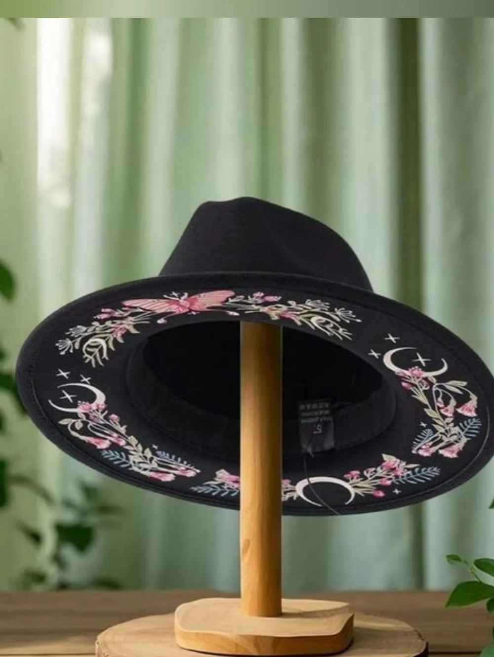Witchy Black Wide-Brim Fedora with Pink Floral, Butterfly & Moon Embroidery - Picture 2 of 13